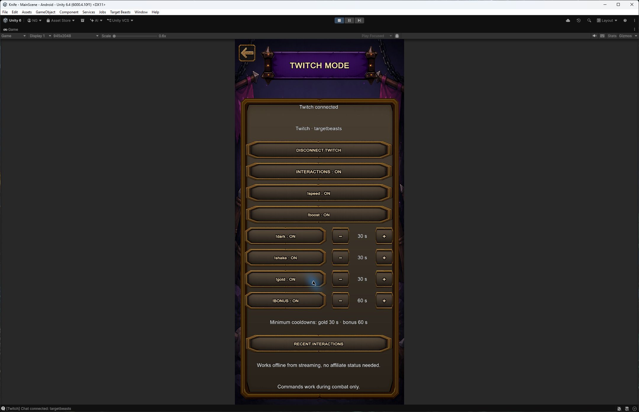 Game screenshot: Twitch connection, interaction switches and cooldowns