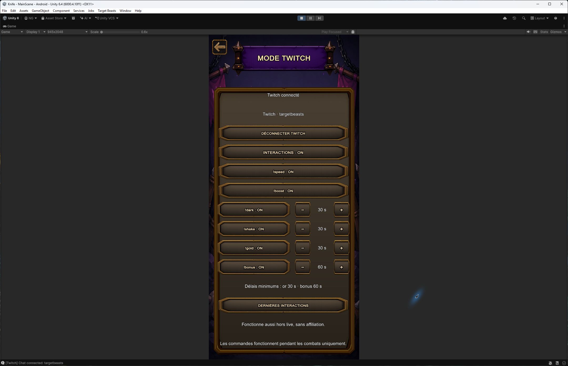 Capture du menu Mode Twitch avec l’état de connexion, les interactions et les délais