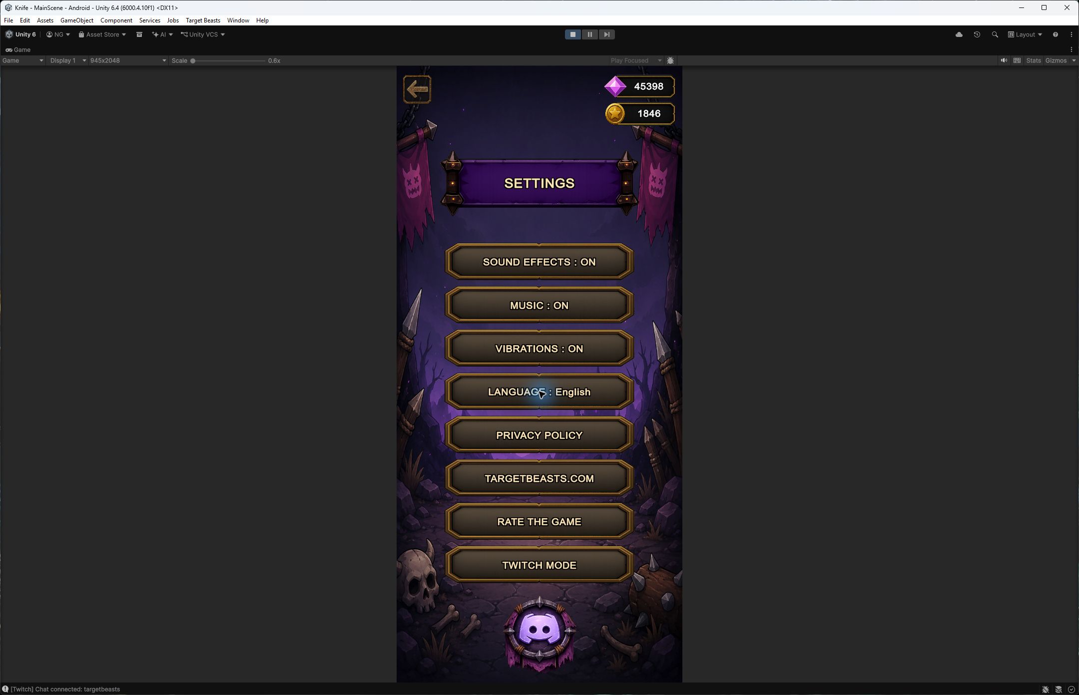 Game screenshot: Twitch Mode button in Settings